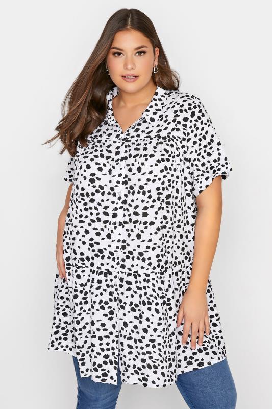 Plus Size  Curve White Dalmatian Print Tiered Short Sleeve Shirt