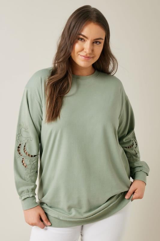 EVANS Plus Size Sage Green Cutwork Crew Neck Sweatshirt | Evans 1