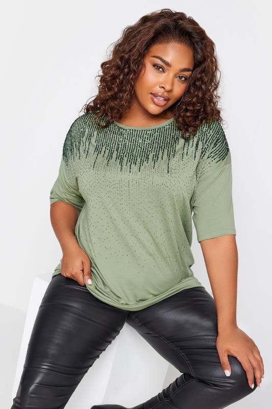 YOURS Plus Size Sage Green Sequin Embellished T-Shirt | Yours Clothing 1
