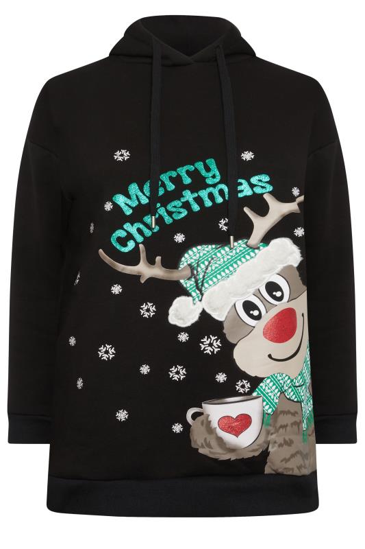 YOURS Plus Size Black 'Merry Christmas' Reindeer Print Hoodie | Yours Clothing 5