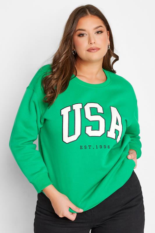 Plus Size Green 'USA' Slogan Sweatshirt | Yours Clothing 1