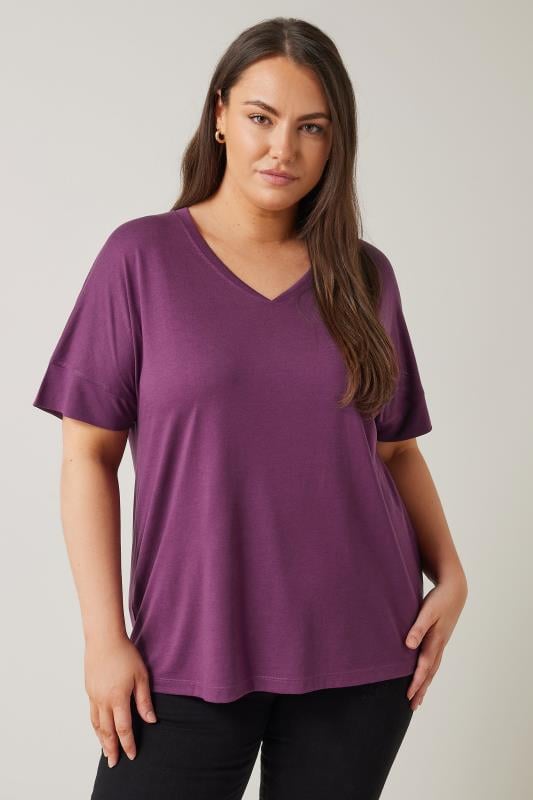 Plus Size  EVANS Curve Purple V-Neck Modal Rich T-Shirt