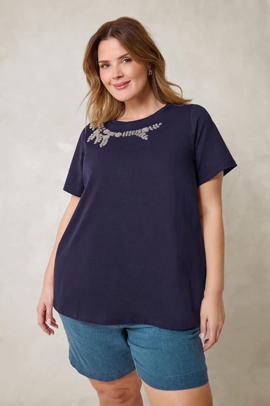 EVANS Plus Size Navy Blue Beaded Flower T-Shirt | Evans 1