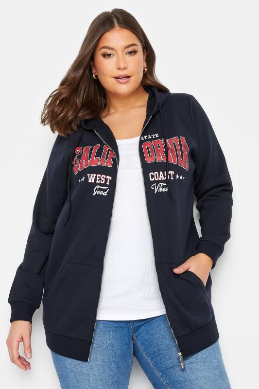 YOURS Curve Plus Size Navy Blue 'California' Slogan Zip Up Hoodie | Yours Clothing  1