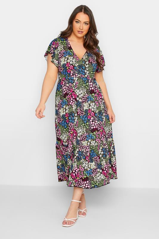 YOURS Plus Size Black & Green Ditsy Print Frill Sleeve Wrap Maxi Dress | Yours Clothing 2