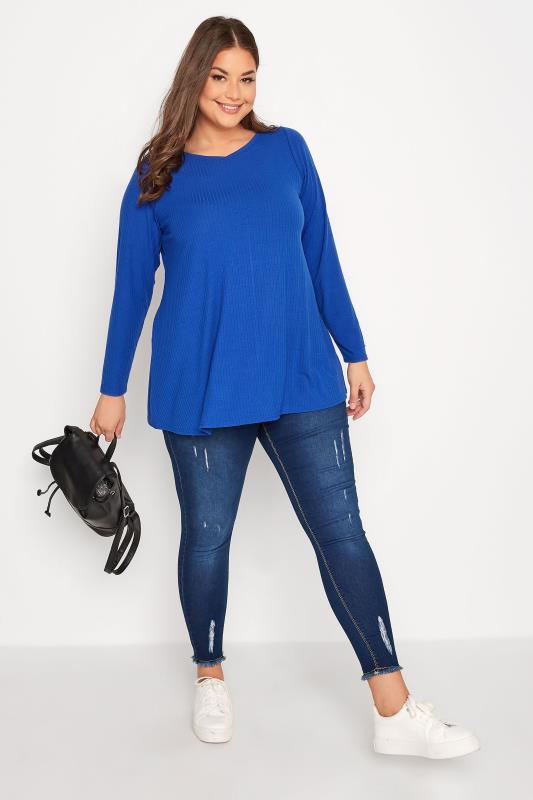 YOURS Plus Size Curve Blue Long Sleeve Stretch Top | Yours Clothing  2