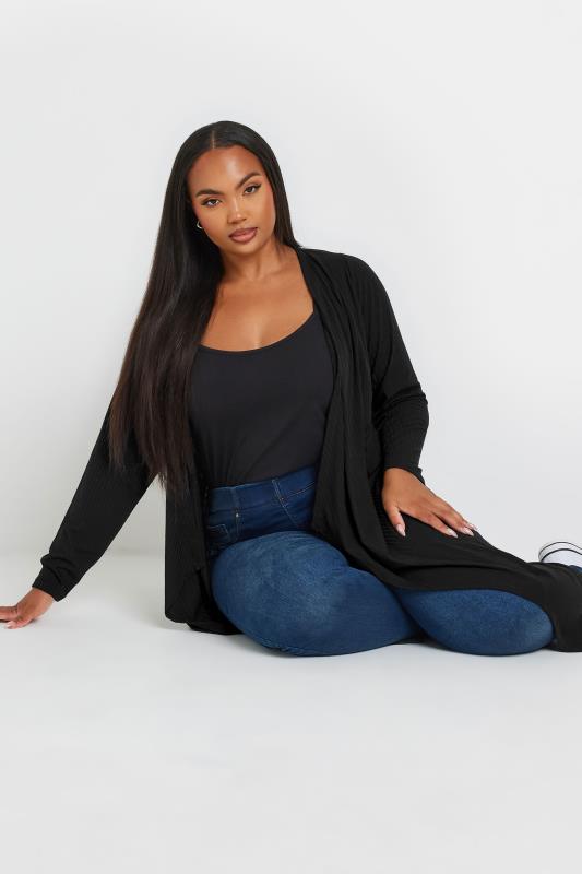 YOURS Plus Size Black Ribbed Waterfall Maxi Cardigan | Yours Clothing  4