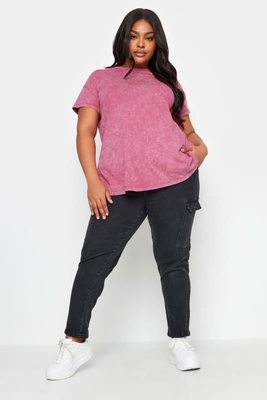 YOURS Plus Size Pink Acid Wash Star Stud T-Shirt | Yours Clothing 2