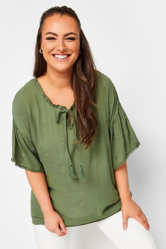 YOURS Curve Plus Size Khaki Green Tie Neck Embroidered Top | Yours Clothing  1