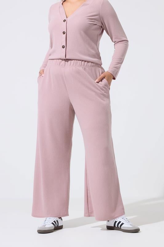 LIMITED COLLECTION Plus Size Pink Crinkle Wide Leg Trousers | Yours Clothing 1
