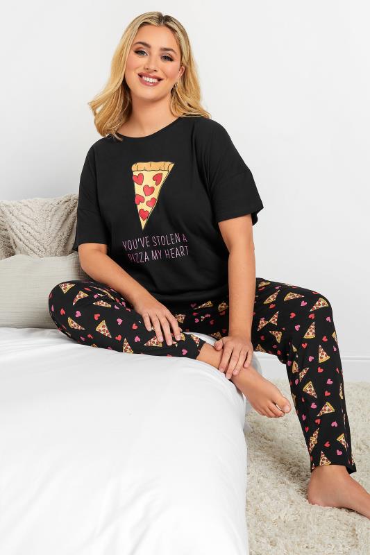 Plus Size  YOURS Curve Black 'Pizza My Heart' Printed Tapered Pyjama Set
