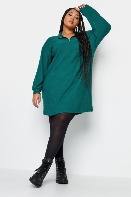 Plus Size  YOURS Curve Green Soft Touch Zip Neck Jumper Dress