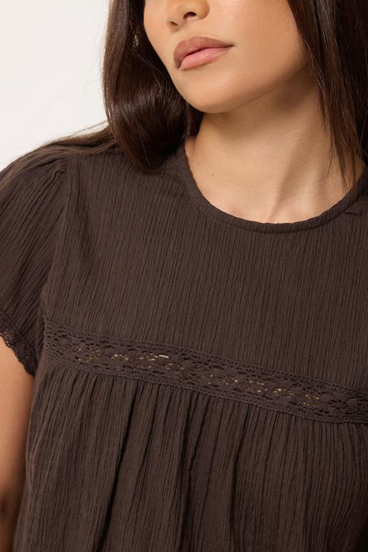 PixieGirl Petite Women's Chocolate Brown Crochet Crinkle Top | PixieGirl 4