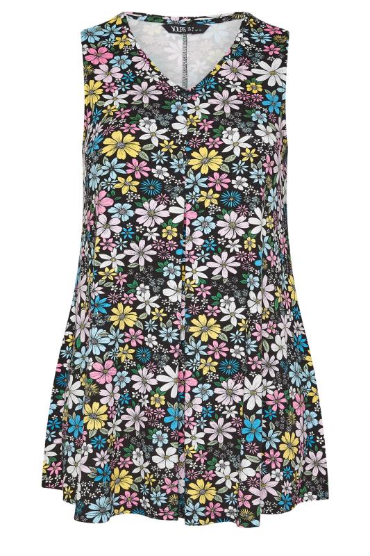 YOURS Plus Size Black Daisy Print Pleated Swing Vest Top | Yours Clothing 5