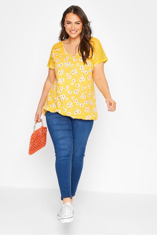 Plus Size Yellow Daisy Floral Print Lace Detail Bubble Hem T-Shirt | Yours Clothing 2