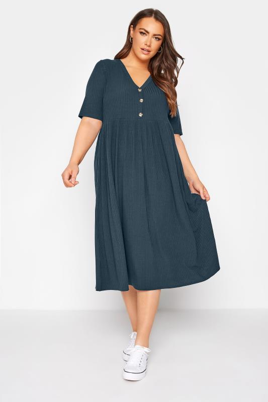 LIMITED COLLECTION Plus Size Navy Blue Ribbed Peplum Midi Dress | Yours Clothing 1