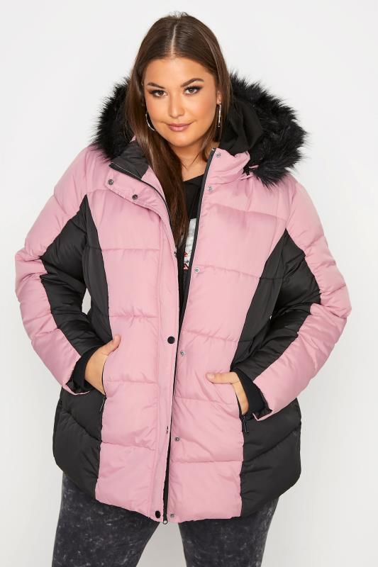 Plus Size  Pink & Black Colour Block Padded Puffer Coat