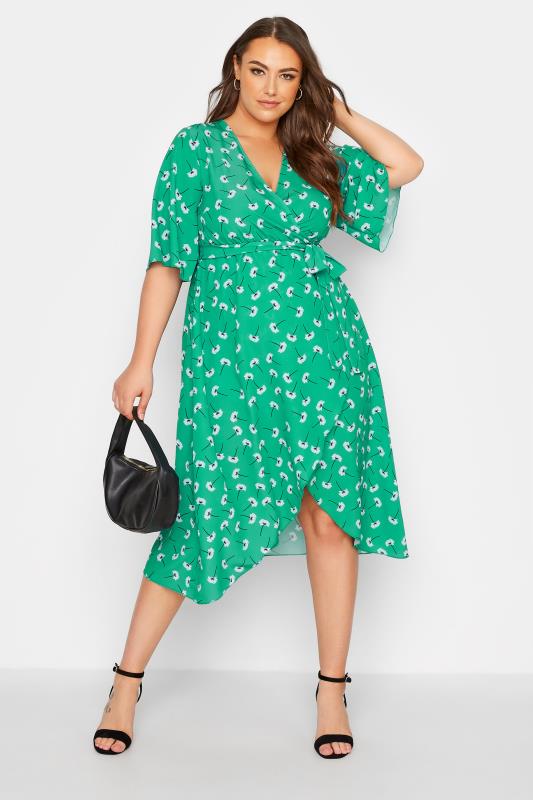 YOURS LONDON Plus Size Bright Green Floral Print Midi Wrap Dress | Yours Clothing 2
