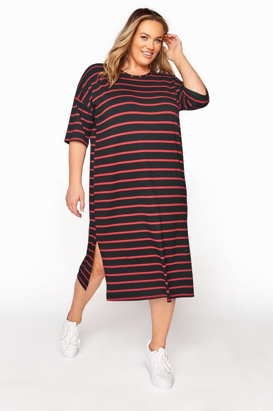 Curve Black & Red Striped Oversized T-Shirt Dress_A.jpg