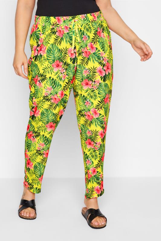Plus Size  Curve Yellow Tropical Print Drawstring Trousers