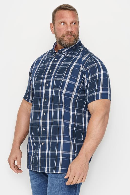  D555 Big & Tall Navy Blue Check Print Short Sleeve Shirt