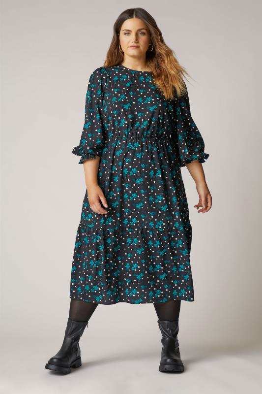 Plus Size  THE LIMITED EDIT Black Floral Spot Tiered Smock Midaxi Dress