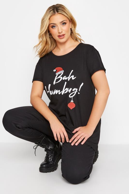 Plus Size Black 'Bah Humbug!' Glitter Slogan Christmas T-Shirt | Yours Clothing 4