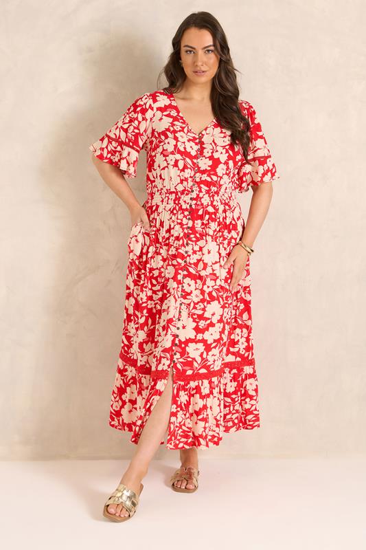EVANS Plus Size Red Floral Button Front Maxi Dress| Evans  2