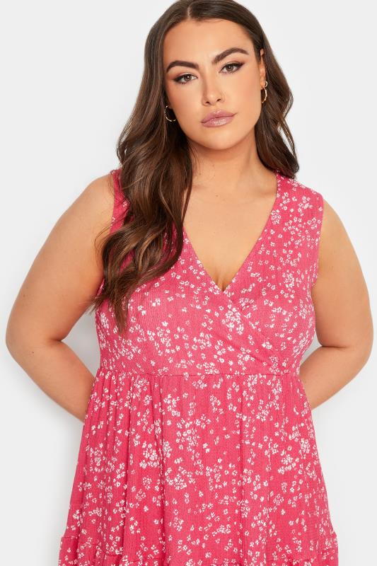 YOURS Plus Size Pink Ditsy Print Smock Midaxi Wrap Dress | Yours Clothing 4