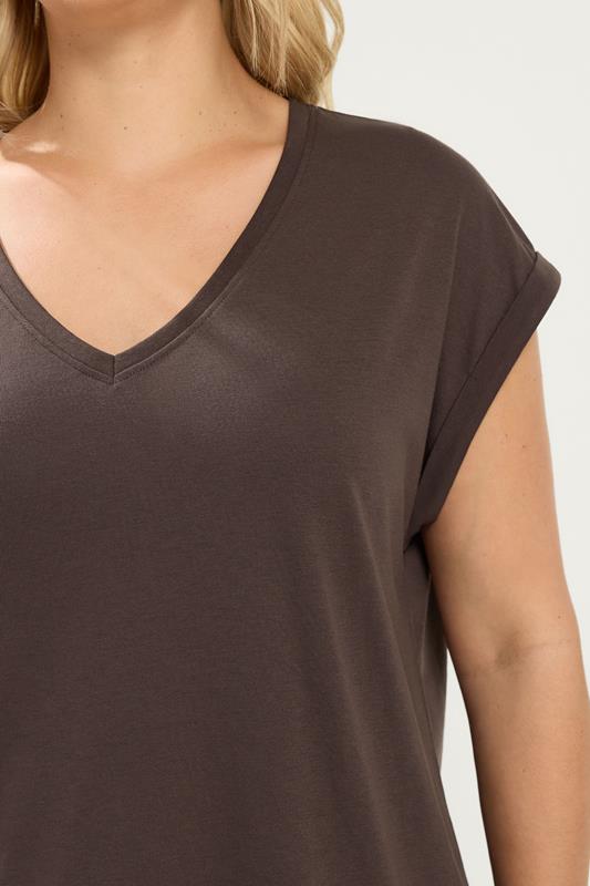 YOURS Plus Size Chocolate Brown V-Neck Basic T-Shirt | Yours Clothing 4
