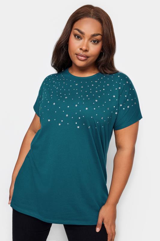YOURS Plus Size Teal Blue Embellished Front T-Shirt | Yours Clothing 1