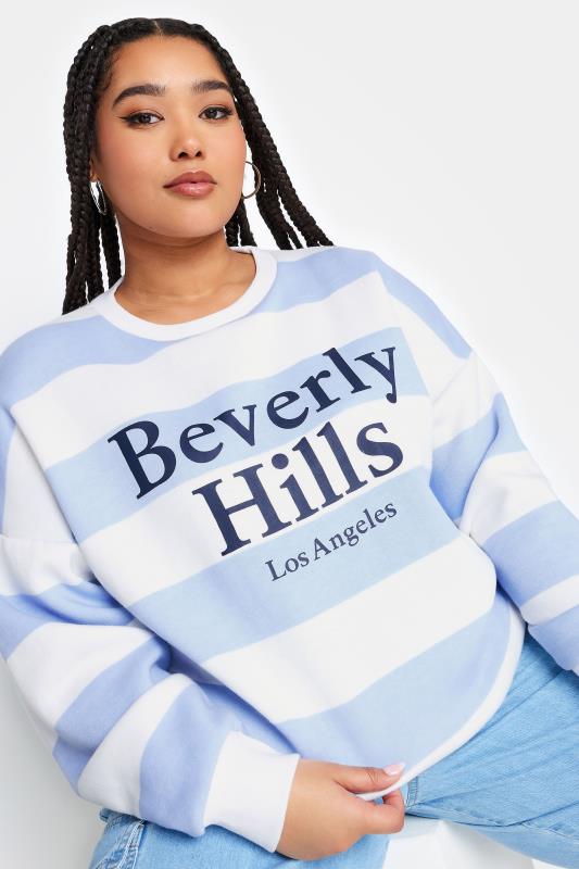 YOURS Plus Size Blue Stripe 'Beverly Hills' Slogan Sweatshirt | Yours Clothing 5