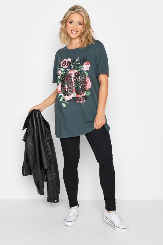 YOURS Plus Size Grey Acid Wash 'London' Rose Print T-Shirt | Yours Clothing 2