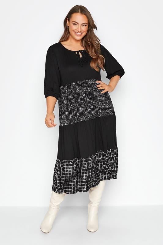 Plus Size Black Mixed Print Tie Neck Tiered Midaxi Dress | Yours Clothing 1