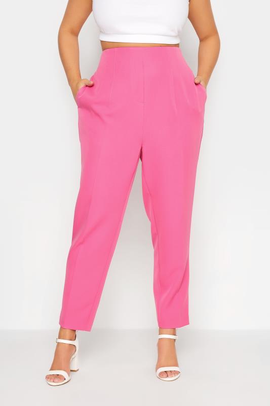 YOURS Plus Size Curve Bright Pink Darted Waist Tapered Trousers | Yours Clothing  1