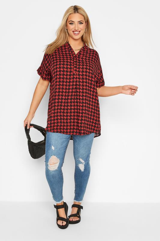 Curve Red Dogtooth Print Half Placket Blouse | Yours Clothing 2