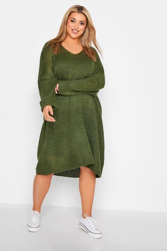 Plus Size  Curve Khaki Green Drop Sleeve Knitted Jumper Dress