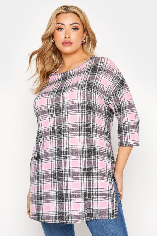 Curve Pink & Black Soft Touch Check Tunic Top_A.jpg