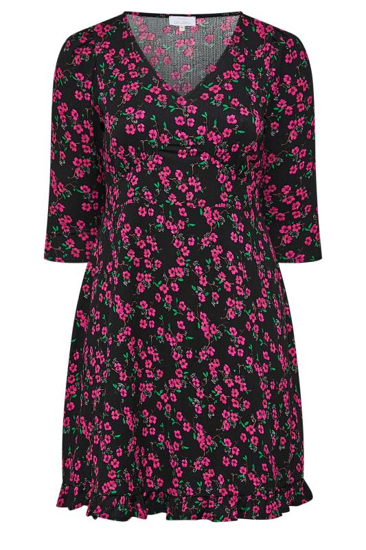 Plus Size Black & Pink Ditsy Print Frill Trim Dress | Yours Clothing 6