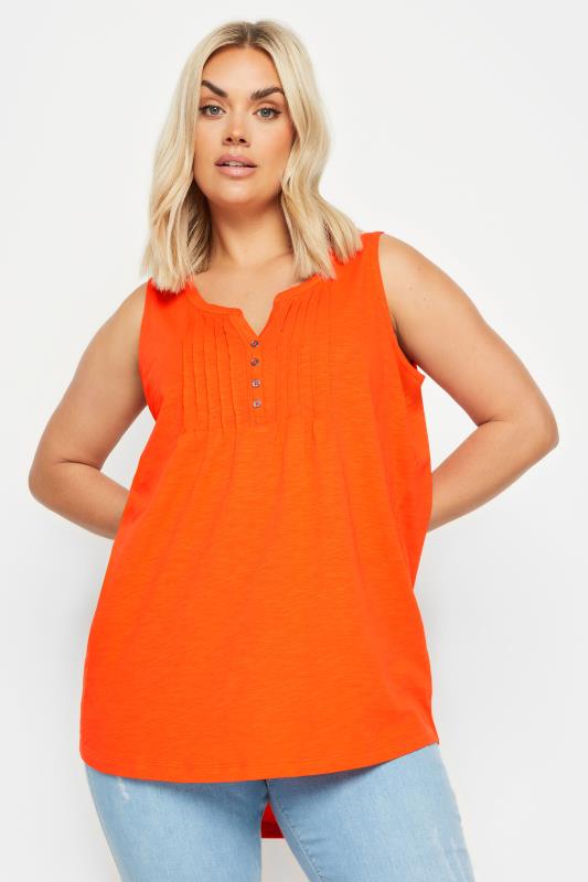 YOURS Plus Size Bright Orange Pintuck Henley Vest Top | Yours Clothing 1