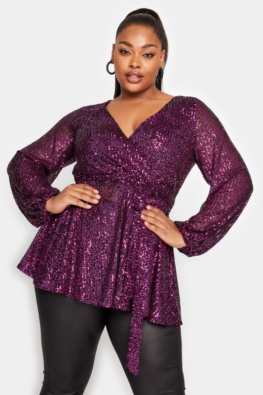YOURS LONDON Plus Size Pink Sequin Wrap Top | Yours Clothing 1