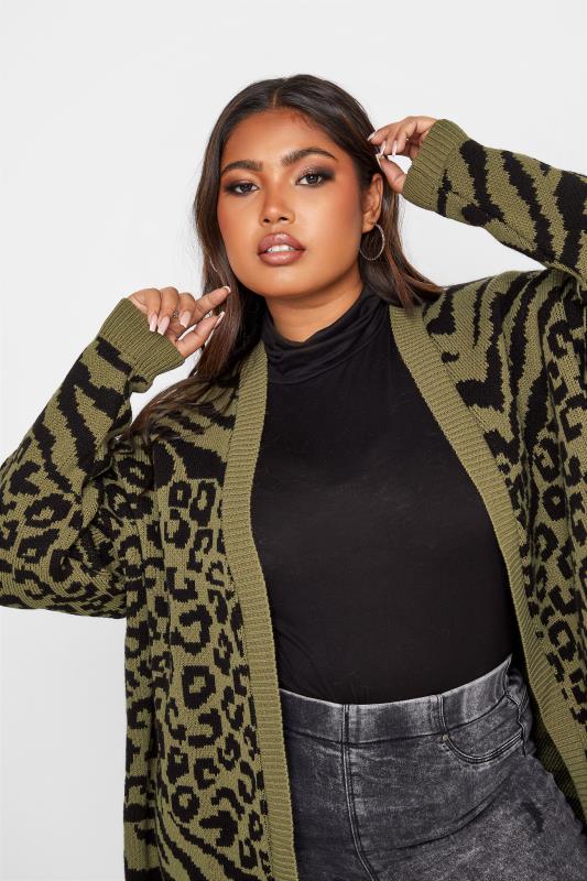 Plus Size Curve Khaki Green Animal Knitted Cardigan | Yours Clothing 4