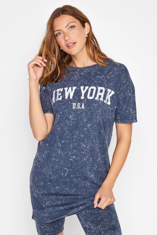 LTS Tall Navy Blue Acid Wash 'New York' Slogan Oversized T-Shirt 1