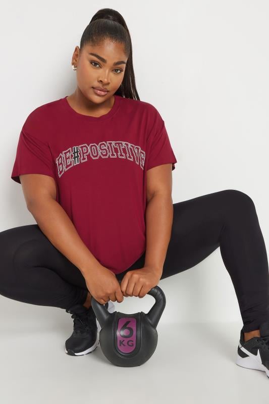 Plus Size  YOURS ACTIVE Curve Burgundy Red 'Be Positive' Slogan Print Top