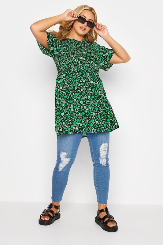 Plus Size Black & Green Ditsy Print Shirred Smock Top | Yours Clothing 3