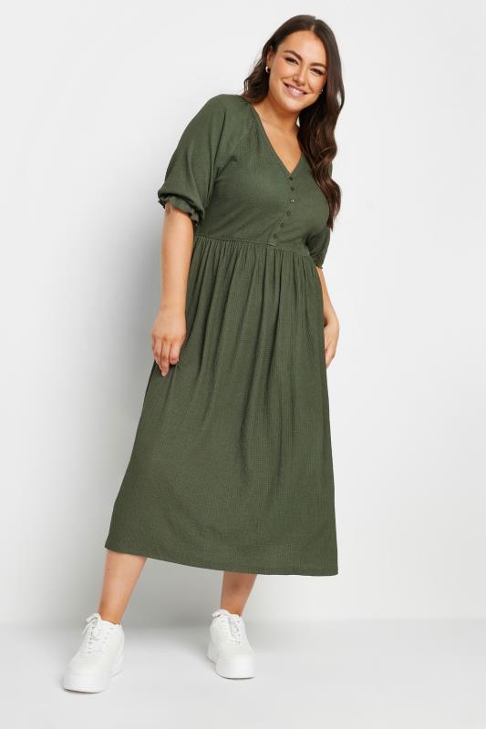 LIMITED COLLECTION Plus Size Khaki Green Textured Midaxi Dress | Yours Clothing  2