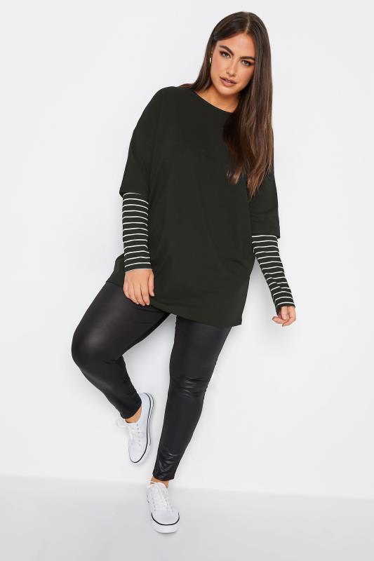 YOURS Plus Size Black Stripe Sleeve Double Layer T-Shirt | Yours Clothing 2