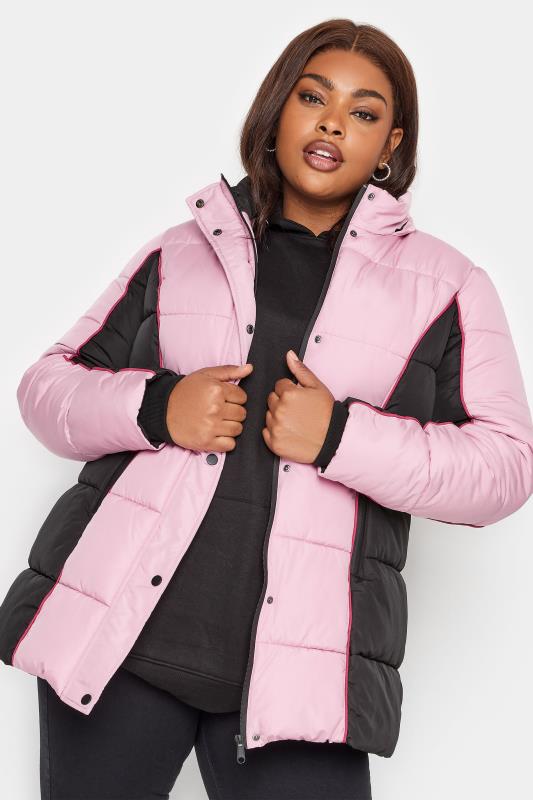 YOURS Plus Size Pink & Black Colourblock Hooded Puffer Jacket | YOURS Clothing 3