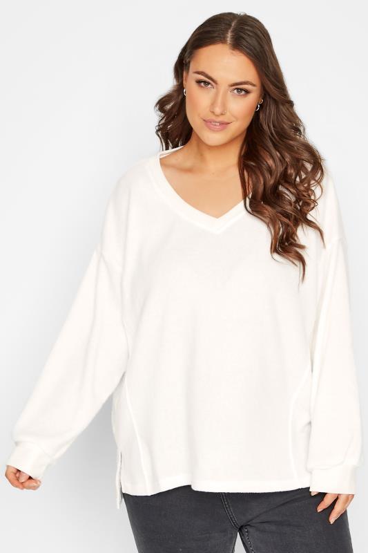 Plus Size  Curve White V-Neck Soft Touch Fleece Sweatshirt