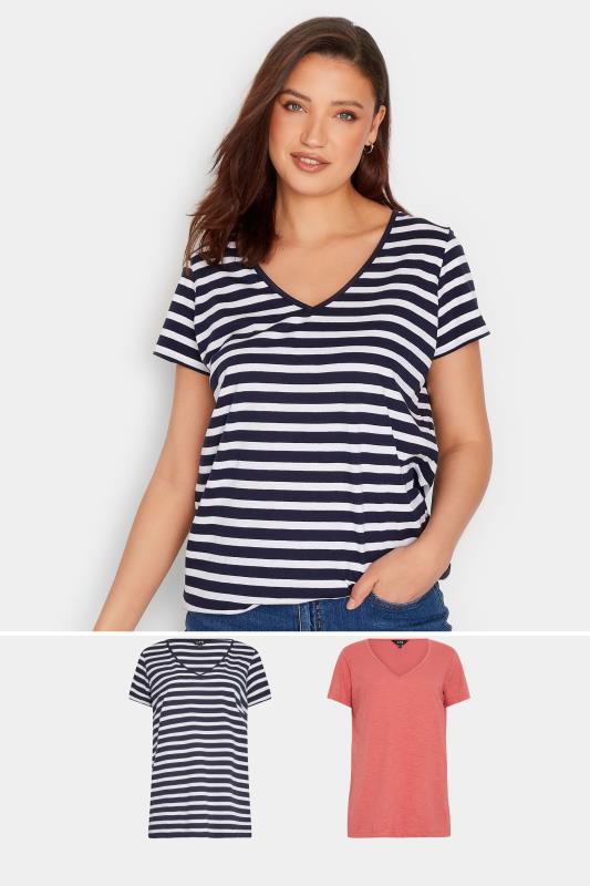 Tall  LTS Tall 2 PACK Navy Blue & Coral Pink Stripe V-Neck T-Shirts